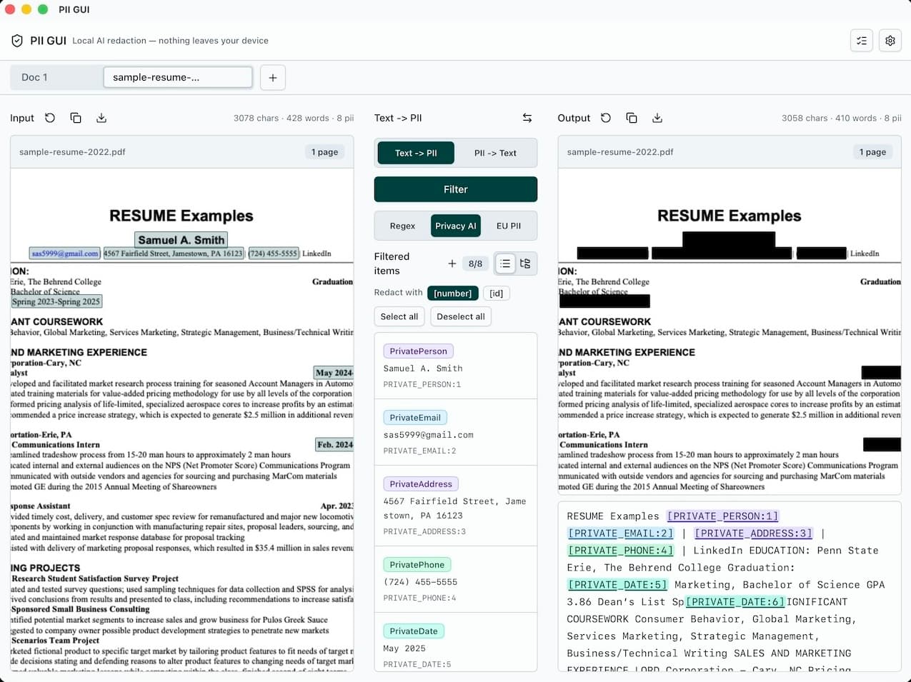 PII GUIで履歴書PDFを確認している画面:左側に検出された個人情報がハイライトされ、右側の書き出しプレビューには黒いマスキングボックスが適用されています。